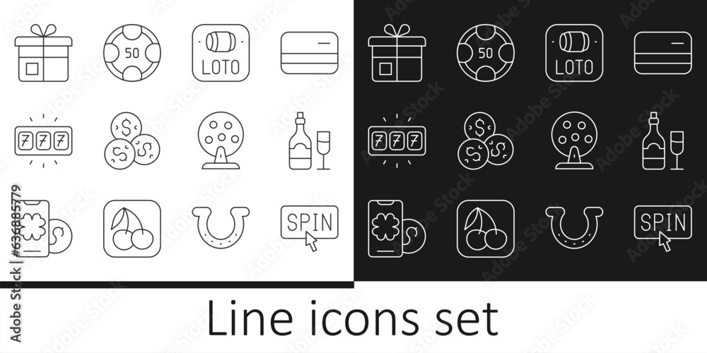 Set line Slot machine spin button, Champagne bottle with glass, Lottery ticket, Casino chip dollar, jackpot, Gift box, and chips icon. Vector