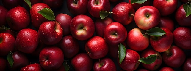 Red apples with leaves, closeup with top view, Red apple patterns, Top view of bright ripe fragrant red apples with water drops as background