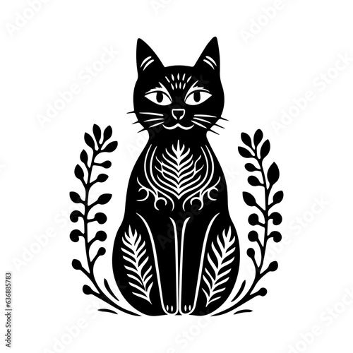 Hand carved block print cat in linocut style, textured silhouette childish vector illustration, isolated on white.