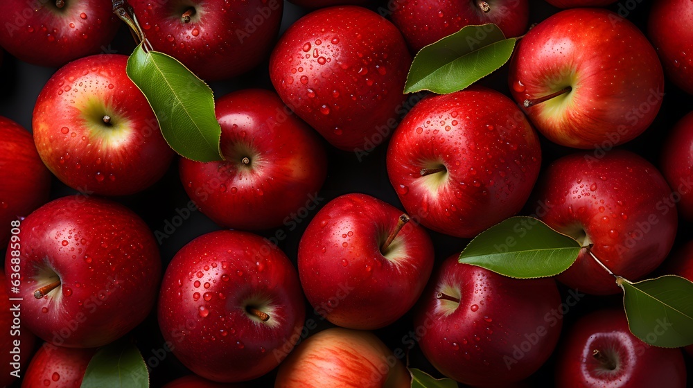 Red apples with leaves, closeup with top view, Red apple patterns, Top view of bright ripe fragrant red apples with water drops as background Red apples with leaves, closeup with top view, Red apple patterns, Top view of bright ripe fragrant red apples with water drops as background