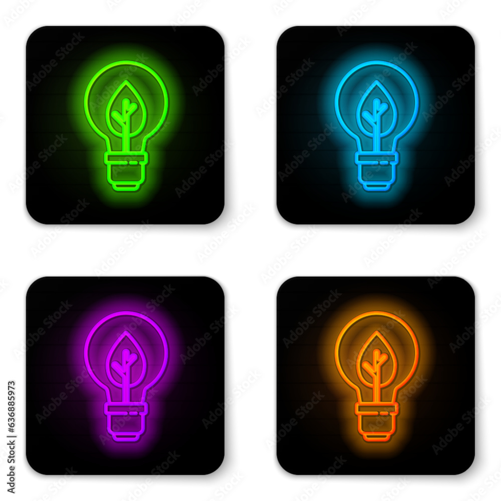 Glowing neon line Light bulb with leaf icon isolated on white background. Eco energy concept. Alternative energy concept. Black square button. Vector Glowing neon line Light bulb with leaf icon isolated on white background. Eco energy concept. Alternative energy concept. Black square button. Vector