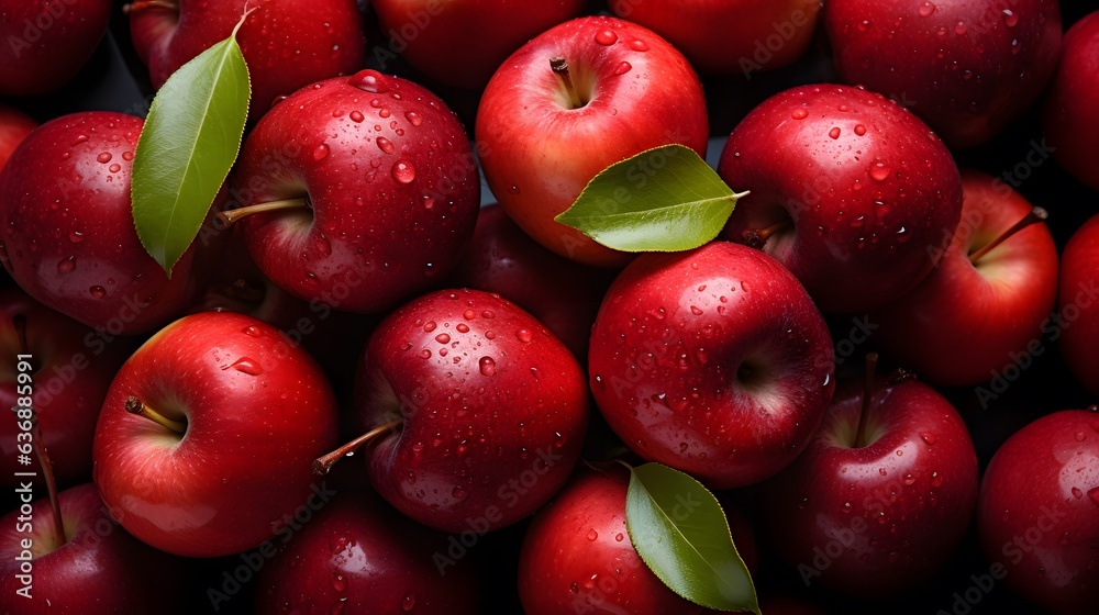 Red apples with leaves, closeup with top view, Red apple patterns, Top view of bright ripe fragrant red apples with water drops as background Red apples with leaves, closeup with top view, Red apple patterns, Top view of bright ripe fragrant red apples with water drops as background