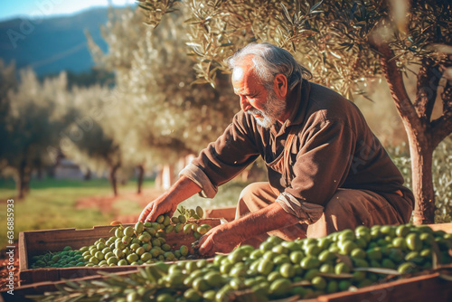 Senior man picking green olives in olive grove on sunny day. selective focus. 