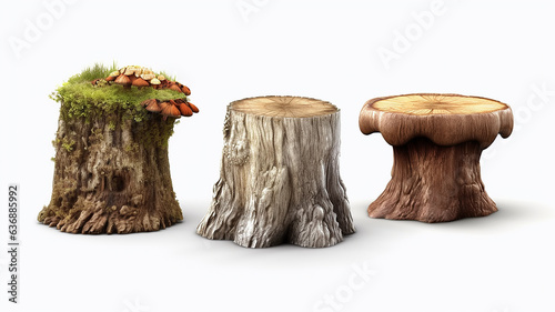 collection of wooden stumps isolated on a white background.