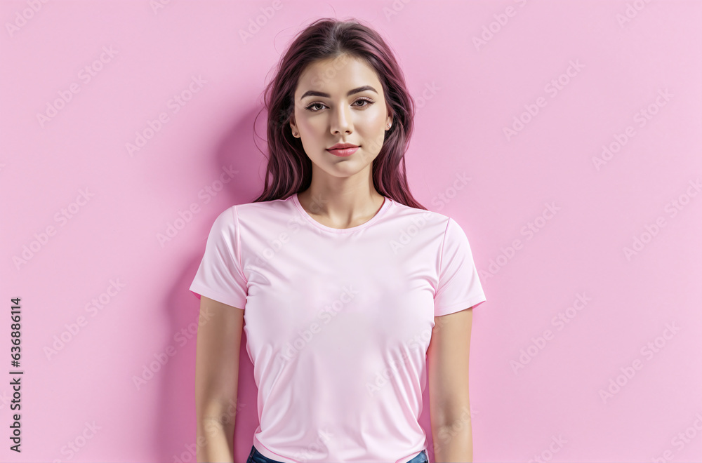 Fototapeta premium Empower Through Awareness: A figure in casual attire stands against a pink background—voice for Breast Cancer Awareness Month.