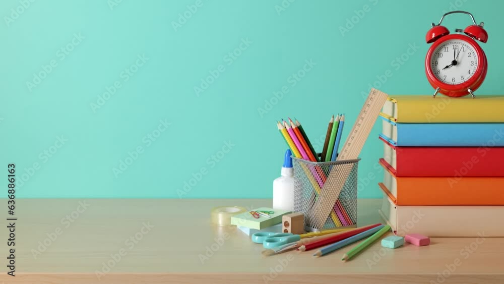 School background. School supplies, a book stack, and an alarm clock are on the desk.