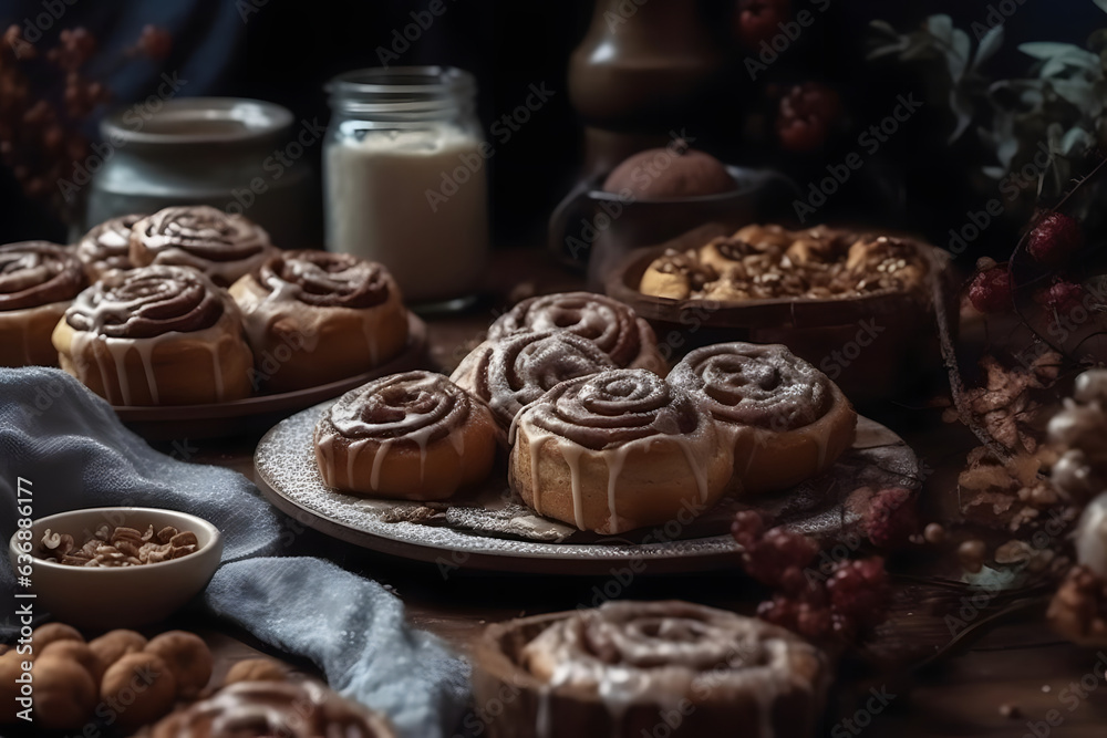 Cinnamon Rolls, fluffy, cinnamon-spiced pastries with icing, winter atmosphare Cinnamon Rolls, fluffy, cinnamon-spiced pastries with icing, winter atmosphare