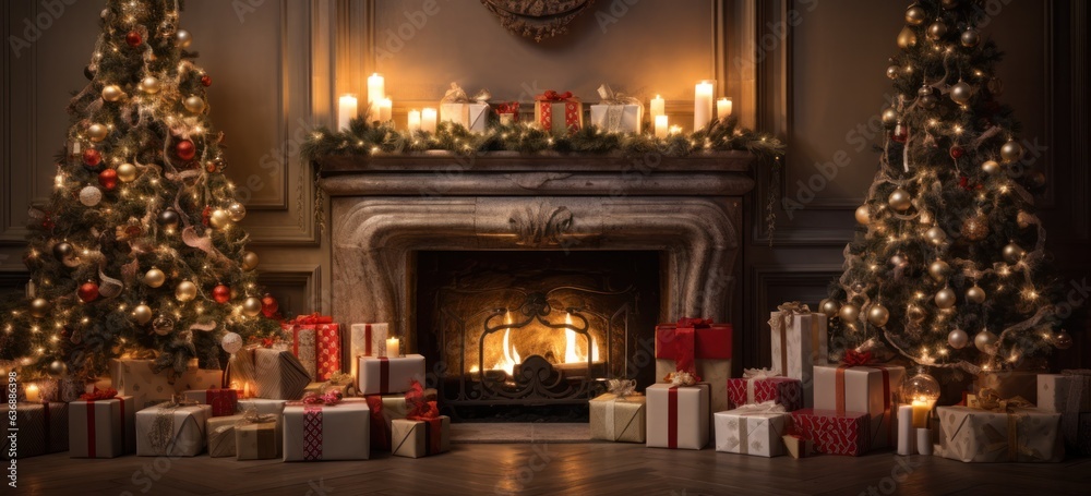 Cozy holiday background with Christmas gifts and ornaments near fireplace.