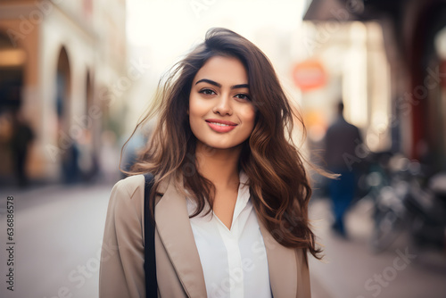 Young beautiful woman portrait, indian student girl in a city, Young businesswoman smiling outdoor, People, enjoy life, student lifestyle, city life, business concept © sam