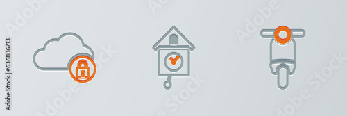 Set line Scooter, Cloud computing lock and Retro wall watch icon. Vector