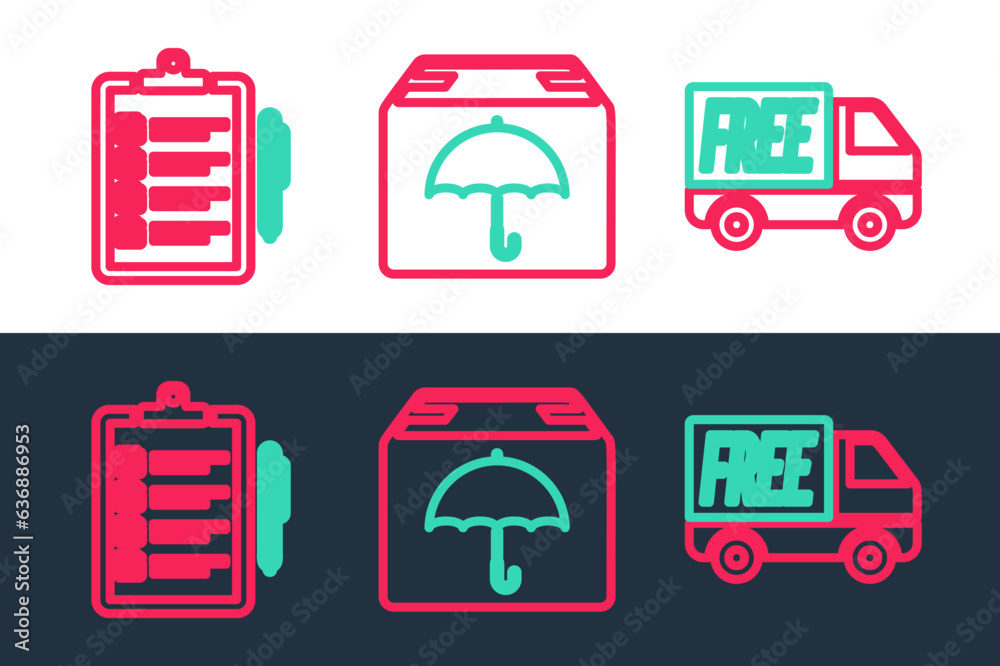 Set line Free delivery service, Verification of list and Delivery package with umbrella icon. Vector Set line Free delivery service, Verification of list and Delivery package with umbrella icon. Vector