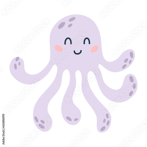 Cartoon hand drawn happy baby octopus on isolated white background. Character of the sea animals for the logo, mascot, design. Vector illustration