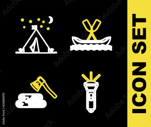 Set line Rafting boat, Flashlight, Wooden axe and wood and Tourist tent with flag icon. Vector