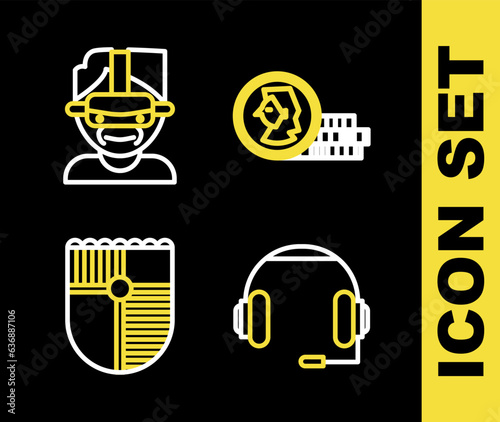 Set line Coin for game, Headphones, Shield and Virtual reality glasses icon. Vector
