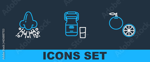 Set line Orange fruit, Runny nose and Can container for milk icon. Vector