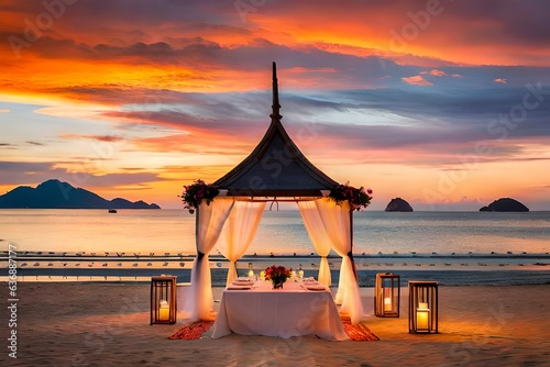 Experience the epitome of romance as you discover a beautiful spot for a romantic dinner on the beach of Samui Island. A private table is set in the soft sand, adorned with elegant linens, flickering.