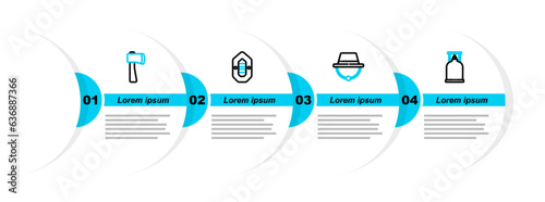 Set line Camping gas stove, hat, Rafting boat and Wooden axe icon. Vector