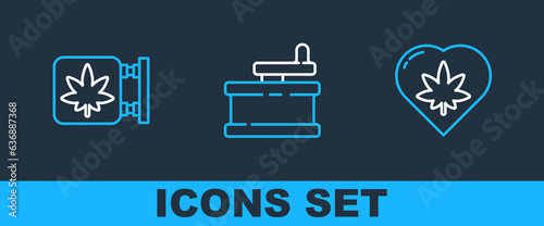 Set line Marijuana leaf in heart, and cannabis store and Manual grinder icon. Vector