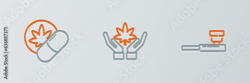 Set line Smoking pipe, Herbal ecstasy tablets and Marijuana or cannabis leaf icon. Vector