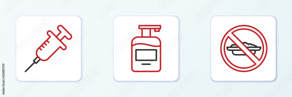 Set line Food no diet, Syringe and Bottle of liquid soap icon. Vector