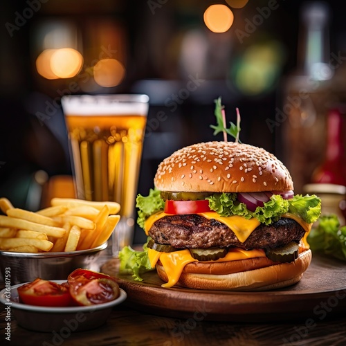 a cheeseburger with a portion of french fries and a drink blurred restaurant in the background