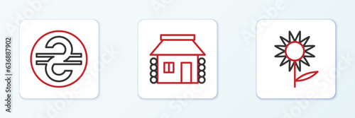 Set line Sunflower, Ukrainian hryvnia and house icon. Vector