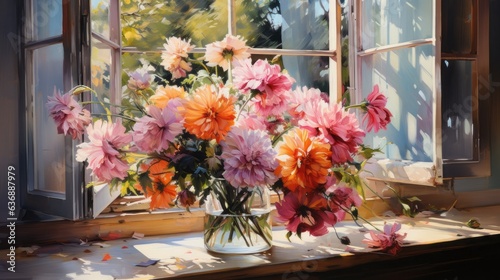 WATERCOLOR PAINTING. A BOUQUET OF COLORFUL FLOWERS IN FRONT OF A SUNNY WINDOW.