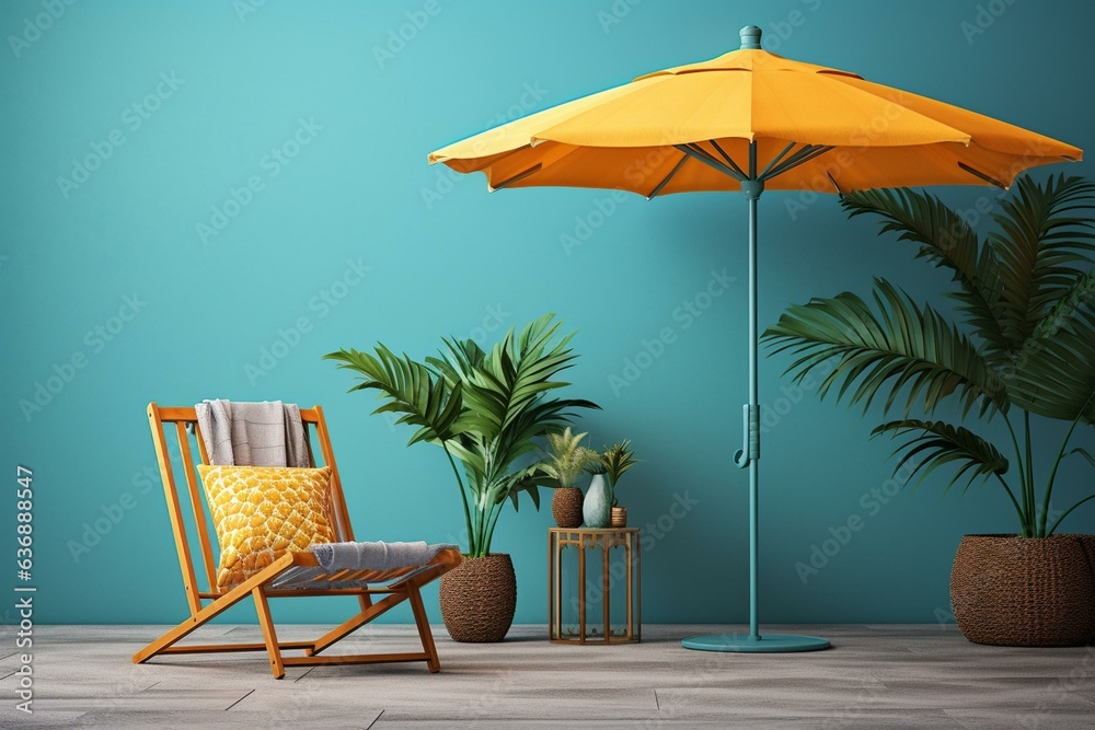 A fusion of office and tropical vibes featuring a row of beach chair, umbrella, and pineapple. Generative AI