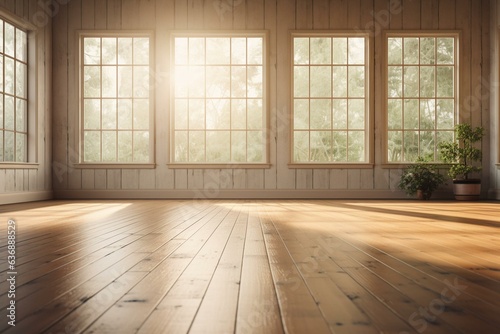 A well-lit room with large windows and wooden flooring. Generative AI