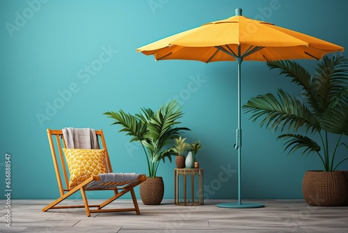 A fusion of office and tropical vibes featuring a row of beach chair  umbrella  and pineapple. Generative AI