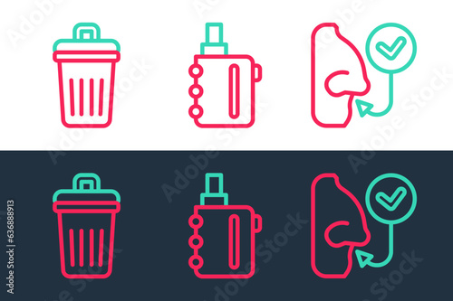Set line Healthy breathing, Trash can and Electronic cigarette icon. Vector