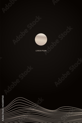 Minimalist landscape golden linear mountains sunset sunrise. Golden sand mountains on dark background, Vector luxury design for wallpaper, poster, banner and wall art.