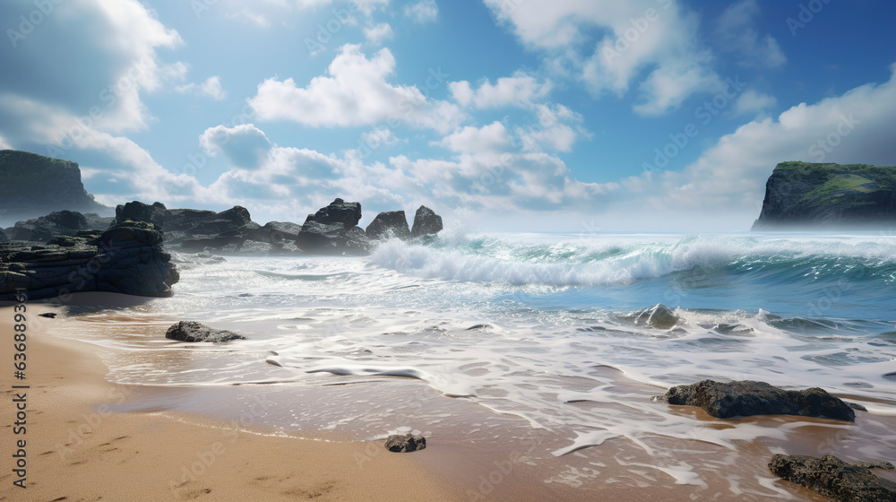 Rocky Beach with Waves and Seagulls. Generative Ai Rocky Beach with Waves and Seagulls. Generative Ai