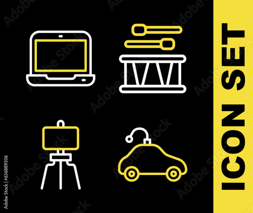 Set line Drum with drum sticks, Radio controlled car toy, Wood easel and Laptop icon. Vector
