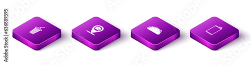 Set Isometric Glass with water, Location burger, Taco tortilla and Aluminum can icon. Vector