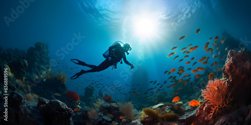 beautiful underwater reef scene with scuba diver and fishes