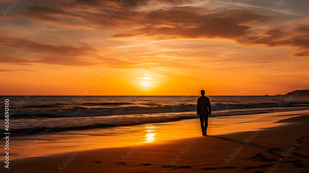 Silhouette of a person against the warm hues of a sunset-lit beach