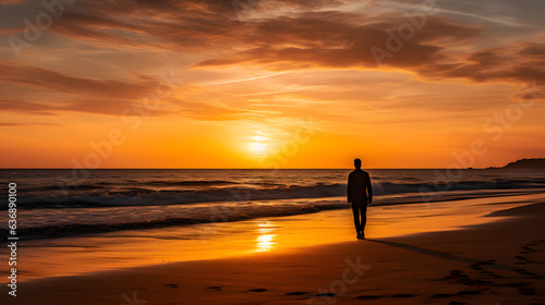 Silhouette of a person against the warm hues of a sunset-lit beach © valgabir