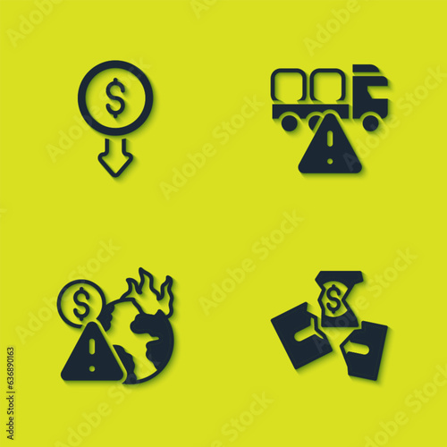 Set Dollar rate decrease, Tearing money banknote, Global economic crisis and Stop delivery cargo truck icon. Vector