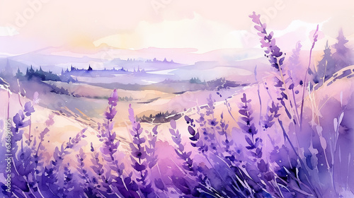 lavender field watercolor delicate drawing.