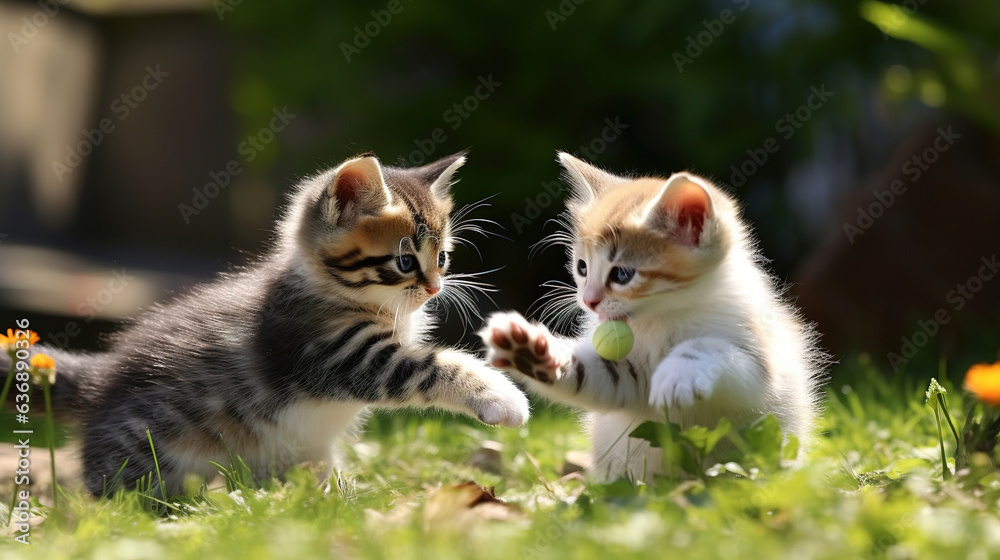 Two Kittens Chasing Each Other in the Grass.Generative Ai