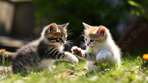 Two Kittens Chasing Each Other in the Grass.Generative Ai © Shades3d