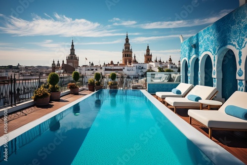 Amazing rooftop pool oasis with Seville vistas. Generative AI