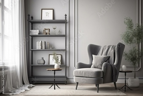 Cozy grey living room with shelf, armchair, and mockup frame by the window. Generative AI