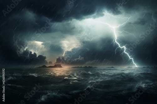 A stormy weather with thunder and lightning occurring over a vast ocean. Generative AI
