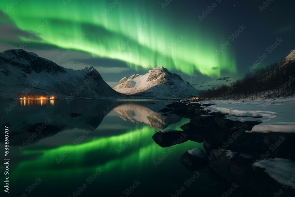 Stunning aurora borealis illuminating Norway's winter night with mesmerizing reflections on water. Generative AI