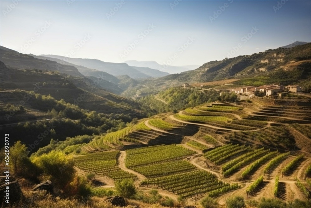 Beautiful landscape of vineyards in Tarragona's Priorat wine region, Spain. Generative AI