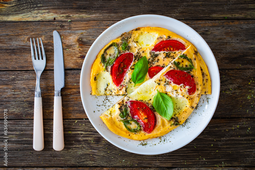 Omelette - scrambled eggs with mozzarella cheese and tomatoes on wooden table
