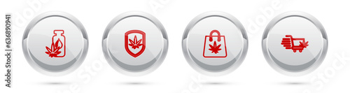 Set line Marijuana or cannabis leaf oil, Shield and marijuana, Shopping bag of and cart with. Silver circle button. Vector