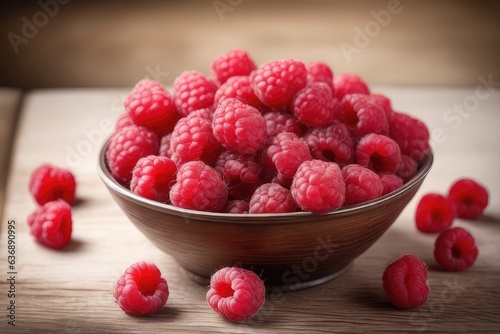 raspberries in a bowl on blurred background